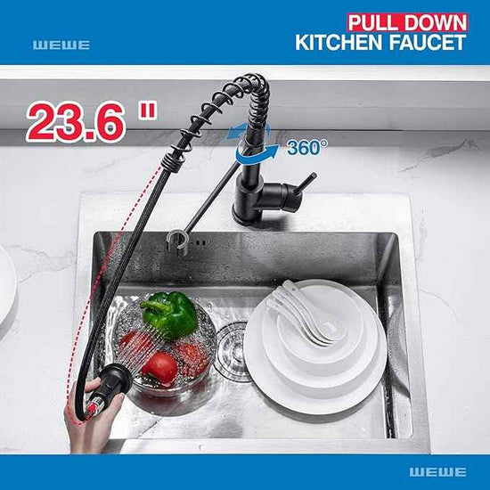 WEWE Faucet for Kitchen Sink, Kitchen Faucets Black Stainless Steel Commercial Spring Kitchen Faucet with Pull Down Sprayer, One Hole or 3 Hole Kitchen Faucet for RV Outdoor Farmhouse Camper Bar Sinks