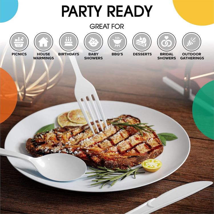 Party Solids 200 Pcs Heavy Duty Plastic Cutlery - White Disposable Flatware, Plastic Spoons