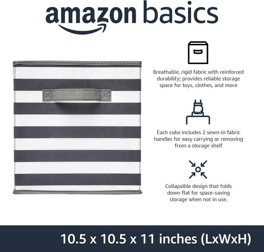 Amazon Basics Cube Organizer Storage Bins Handles, Collapsible Fabric, Pack of 6, 10.5"x10.5"x11", White/ Light Grey Stripe