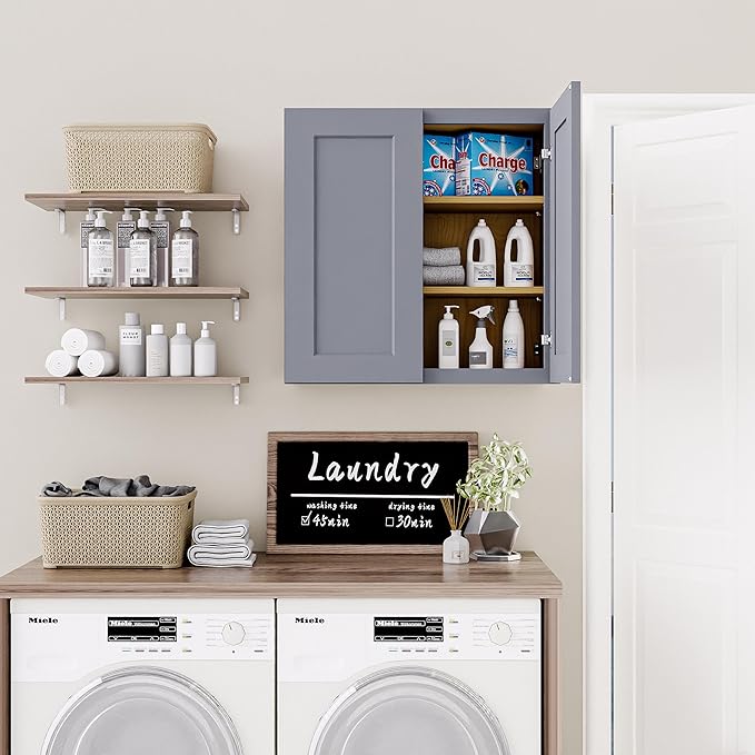30 Inch Laundry Room Cabinets Wall Mounted, Solid Wood Over The Toilet Storage Cabinet, Bathroom Organizer Cabinets with 2 Door & Shelves, Easy to Assemble for Kitchen, Garage - Dark Gray