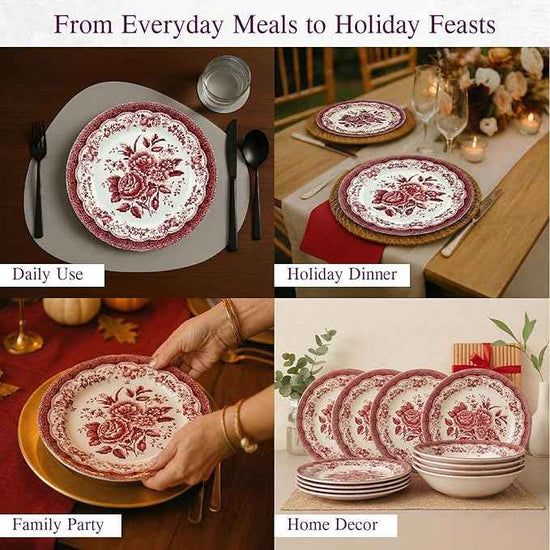 Tudor Royal 12-Piece Round Porcelain Dinnerware Set, Service for 4 - Victoria RED Design, Red Floral, Plates Bowls Dishes, Premium Quality Tableware, Unique Pattern, Glossy