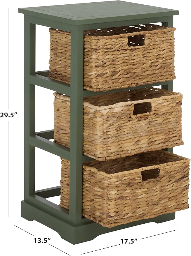 SAFAVIEH Home Collection – Halle Dusty Green 3-Drawer Basket Storage Side Table, Coastal Accent Design, Fully Assembled (AMH5738J)