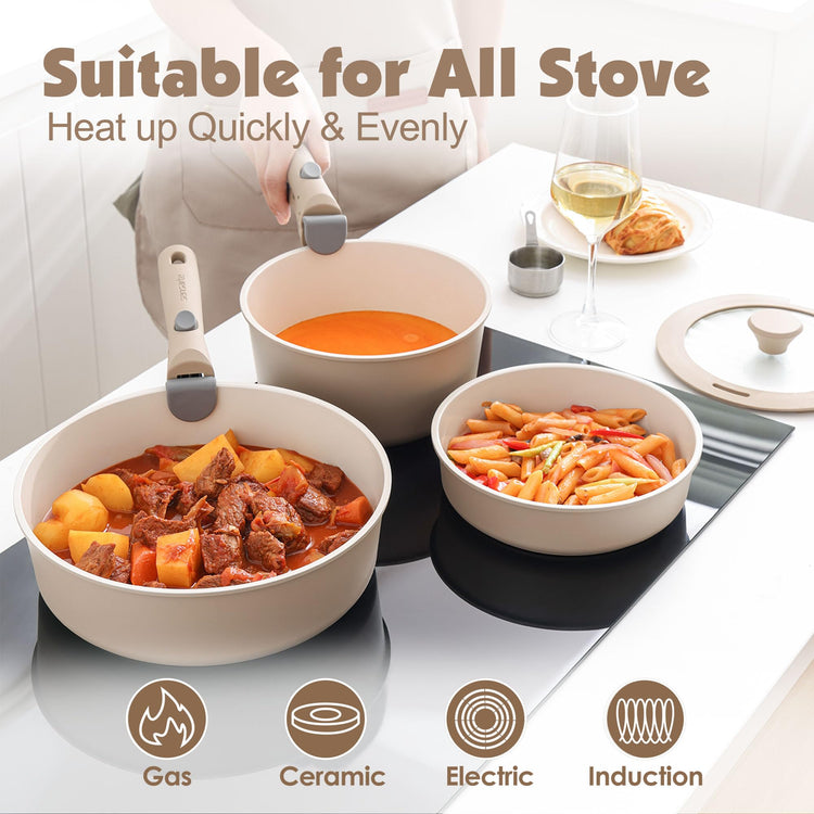 17 Piece Ceramic Detachable Handle Pots and Pans Set Almond Beige