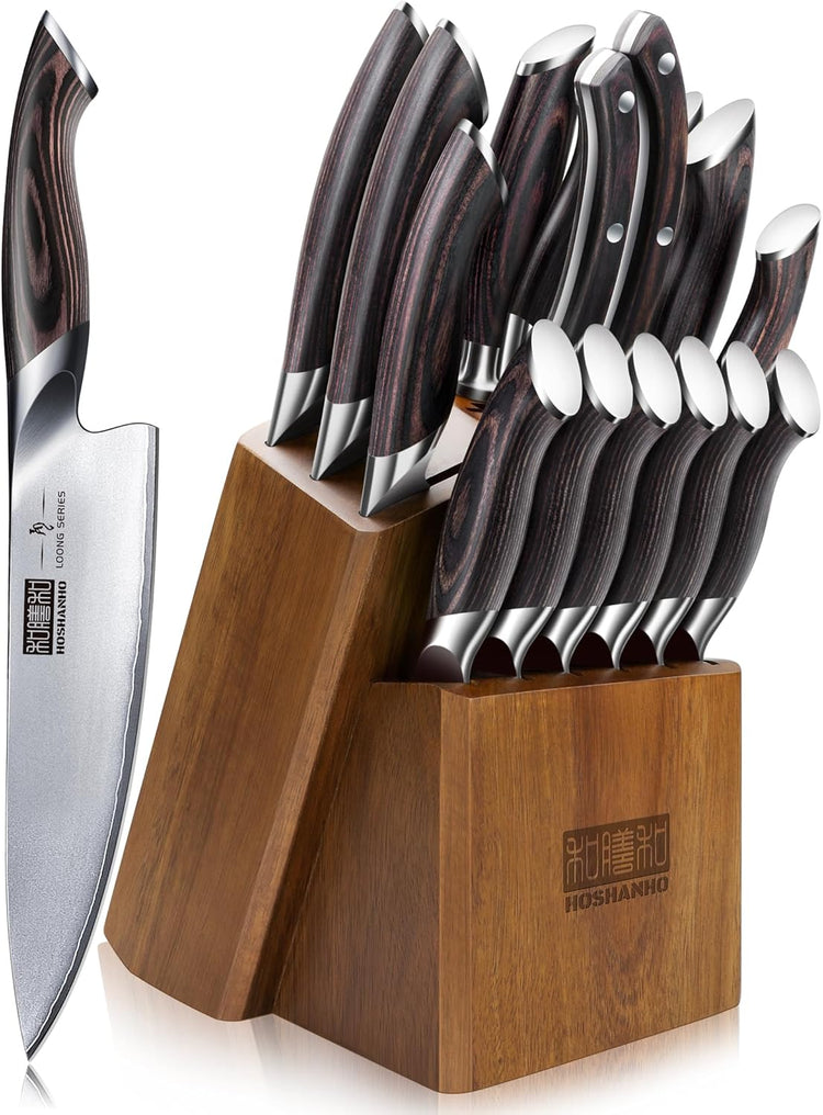 16-Piece Knife Set, Japanese High Carbon Stainless Steel Kitchen Knife Set, Ultra Sharp Chef Knife Block Set with Sharpener