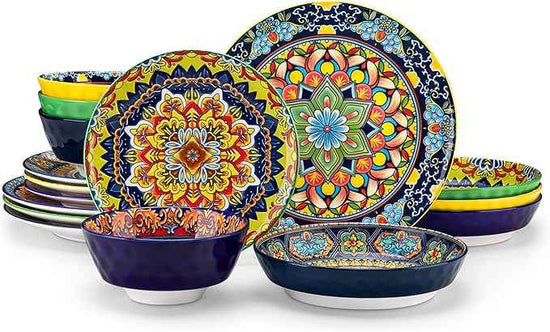 vancasso 16 Pieces Plates and Bowls Set, Bohemian Style Dinnerware Sets Service for 4, Porcelain Boho Dishes Set for Kitchen, Housewaring Gift, Dishwasher and Microwave Safe, Series KRVI