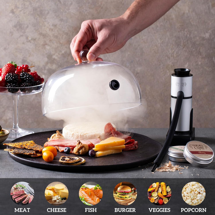 Food and Drink Smoker Kit with Smoke Gun, 8" Smoking Cloche Glass Dome, Acacia Cocktail Smoke Top and Wood Chips (Apple & Cherry) - Whiskey Smoker Kit - Gifts for Men (Torch Not Required)