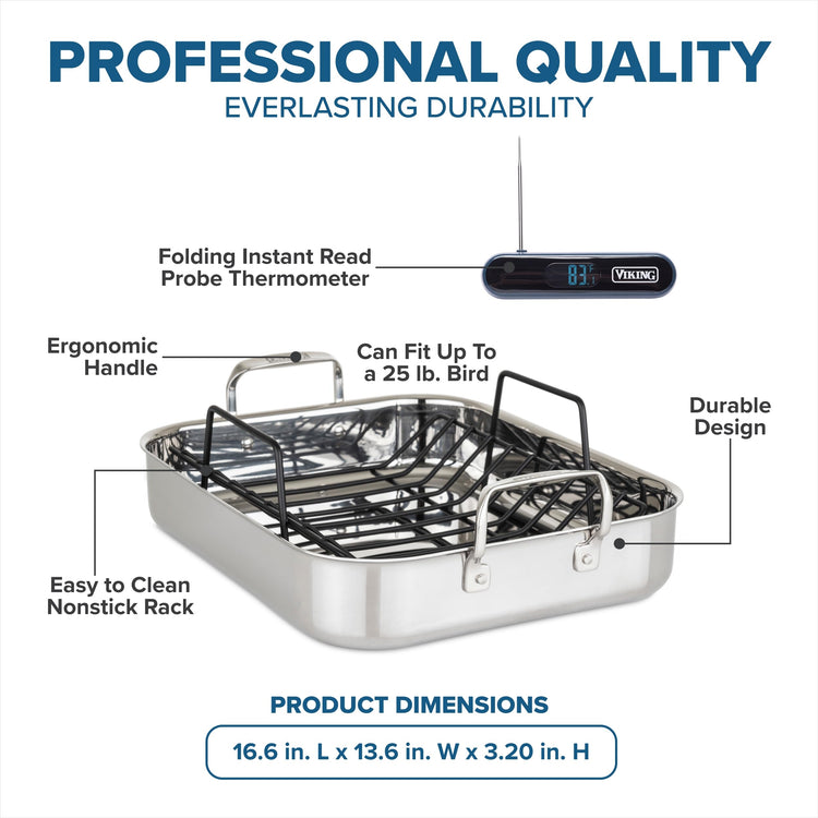 3 Ply Stainless Steel Roasting Pan with Non Stick Rack