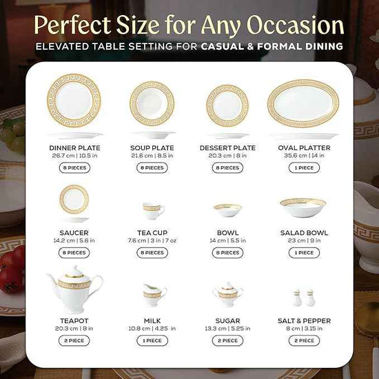 Joseph Sedgh Collection 57-Piece Bone China Dinnerware Set, Service for 8, White and Golden Greek Key