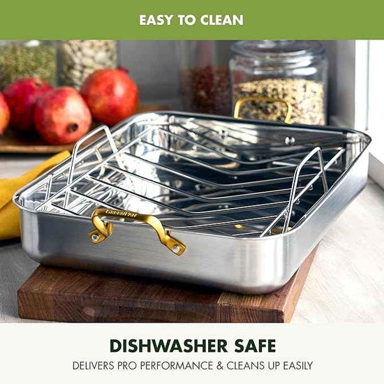 GreenPan Reserve 16" x 13" Tri-Ply Stainless Steel Roasting Pan with Roaster Rack, Multiclad Cookware, Induction Suitable, Gold Stainless Steel Handles, Dishwasher & Oven Safe, Silver