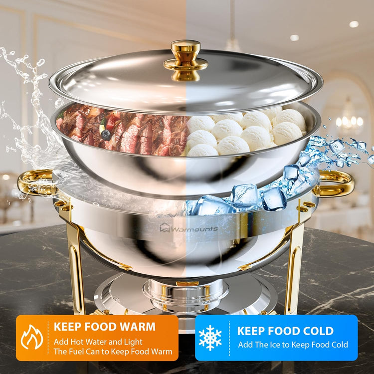 Gold Chafing Dishes for Buffet (5QT, 6 Pack), Round Chafers and Buffet Warmers Sets, Food Grade Stainless Steel Chafing Dish Set, Rolled Edge Design, for Catering Events, Parties, Weddings