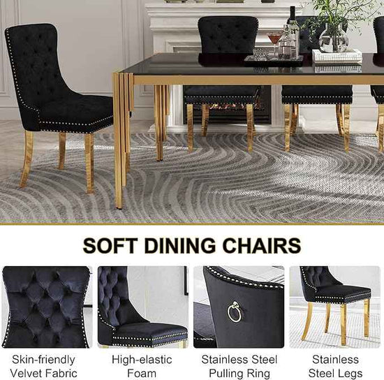 78'' Modern Glass Dining Table for 6-8 People,Black Tempered Glass Top Dining Room Table with Stainless Steel Base, Glass and Gold Dining Table for 6, Rectangle Dining Kitchen Table for Dinner