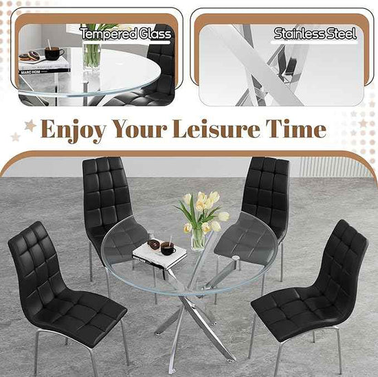 5 Piece Round Glass Dining Table Set, Round Tempered Glass Kitchen Table Set for 4, Modern Table Set with 4 High-Back Upholstered Chairs for Kitchen Dining Room (Silver Legs, 4 Black Chairs)