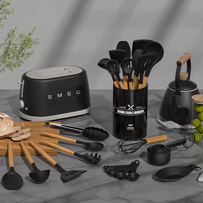 Umite Chef Kitchen Cooking Utensils Set, 33 pcs Non-Stick Silicone Cooking Kitchen Spatula Set with Holder, Wooden Handle Silicone Kitchen Gadgets Utensil Set (Black)