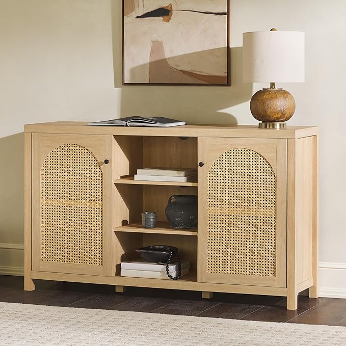 Walker Edison Sasha 2-Door Sideboard Buffet with Arched Rattan Panels, 58 Inch, Coastal Oak