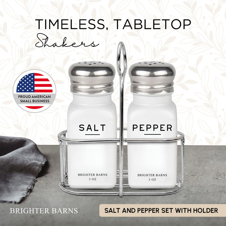 White Salt and Pepper Shakers Set with Holder by Brighter Barns (2 Count)