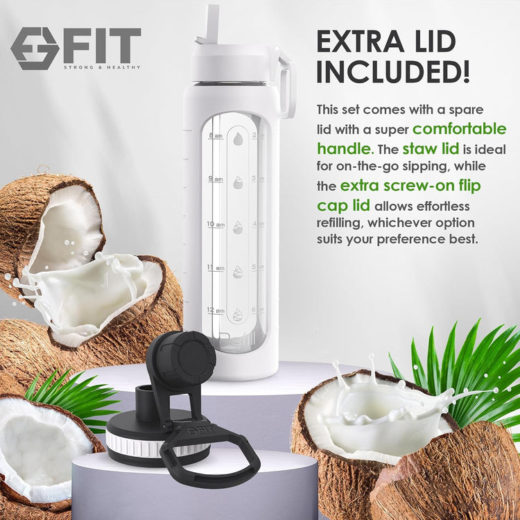 FIT Strong & Healthy 32 oz Glass Water Bottle with Straw Lid, Time Marker, Sleeve & Extra Lid - Motivational, Wide Mouth 1 Liter Glass Drinking Bottle