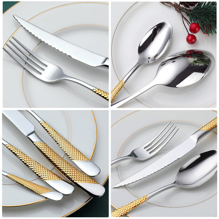 Hammered Silver Gold Silverware Set (24 Count)