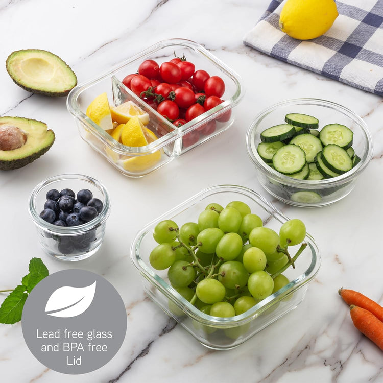 COOK WITH COLOR Premium 32-Pc. Borosilicate Glass Food Container Set with Dividers - 4 Rectangles, 8 Rounds, 4 Squares - Leakproof Lids - Meal Prep, Storage, Ombre Grey
