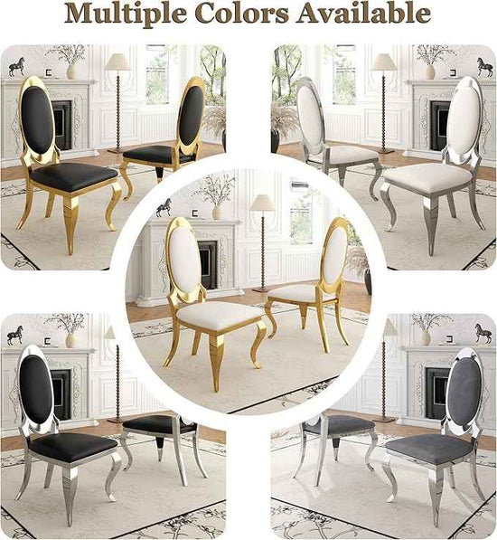 Modern Dining Chairs Set of 2, Luxury Faux Leather Upholstered Armless Dining Room Chair with Mirrored Stainless Steel Silver Legs, Mid Century Accent for Wedding Party Banquet Reception, White
