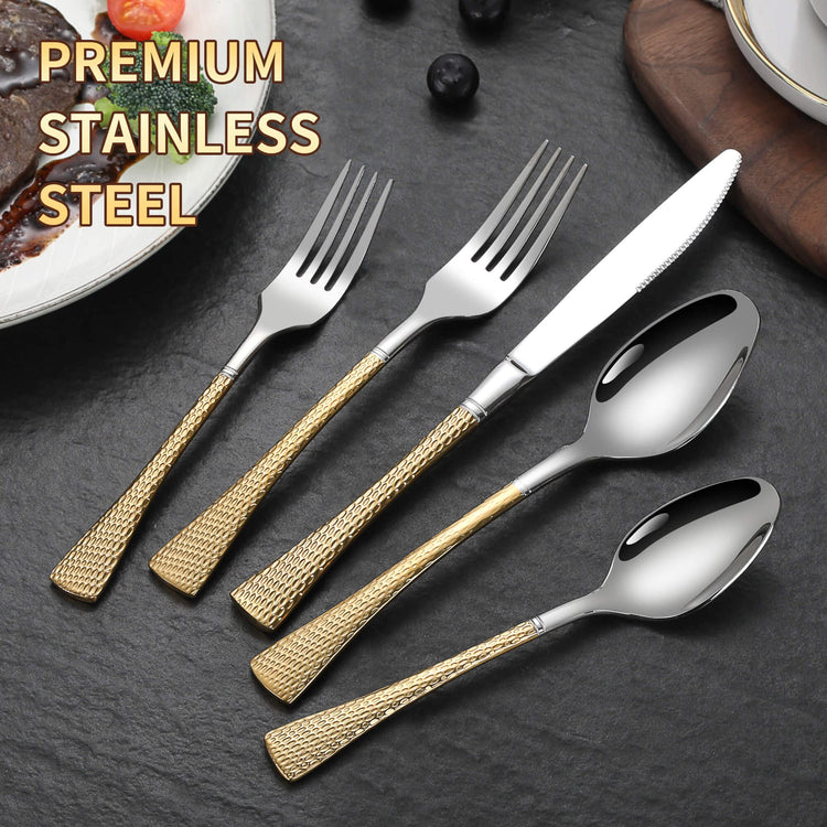 Hammered Silver Gold Silverware Set for 8 (40 Count)