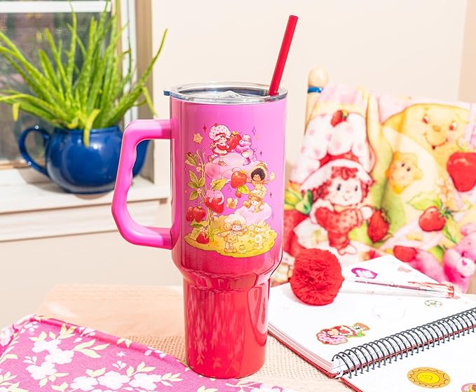 Silver Buffalo Care Bears and Strawberry Shortcake Ombre Double Walled Stainless Steel Tumbler with Handle, Fits in Standard Cup Holder, 40 Ounces
