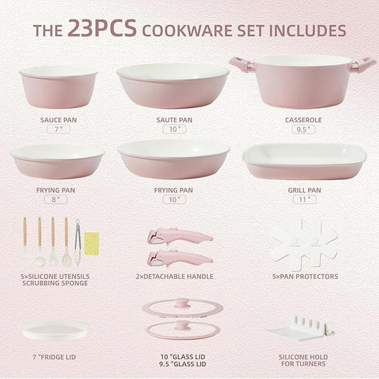 BECIGAR 23pcs Ceramic Pots and Pans Set, Nonstick Detachable Handle Cookware, Induction Kitchen Cooking Set with Removable Handle,include Frying Pans & Saucepans Oven Safe(Pink)
