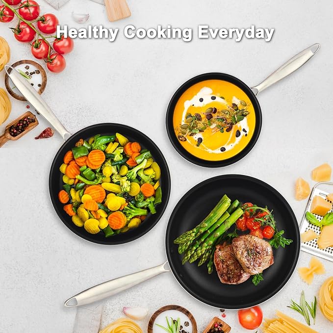 Pots and Pans Set Nonstick, 5-Piece Ceramic Cookware Set, Stainless Steel Handles, Induction Compatible & Oven Safe, Non Toxic Healthy Cooking Set for RV & Apartments, Matte Black