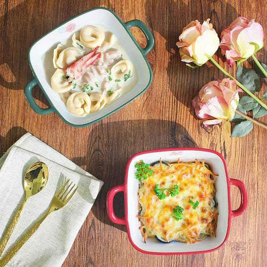 Two-piece square ceramic baking pan set: Hand-painted floral ceramic baking pans with double handles, suitable for baking, cooking, kitchens, restaurants, etc.(Combination 2)