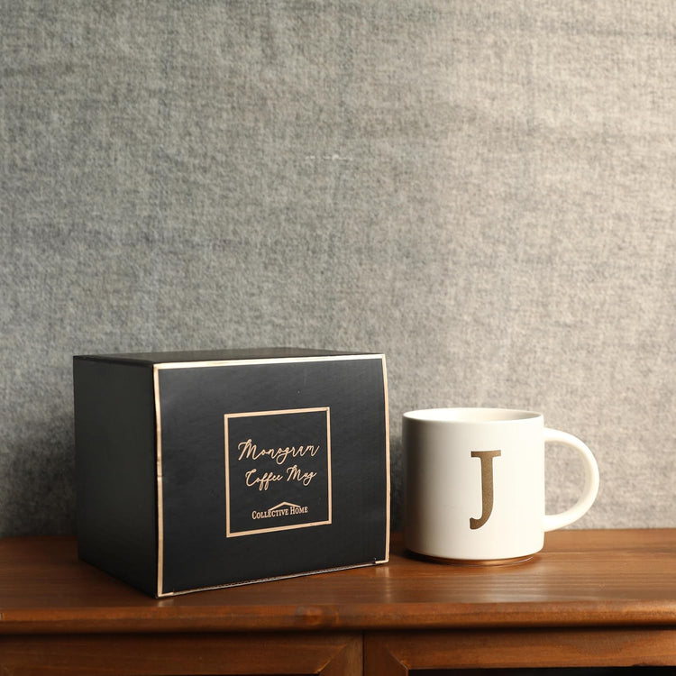 COLLECTIVE HOME - Monogram Ceramic Mugs, 15 oz Golden Initial Coffee Cups, Elegant Alphabet Tea Mugs, Elegant Personalized Mug with Gift Box, Unique Mug with Double Side Capital Letter (J)