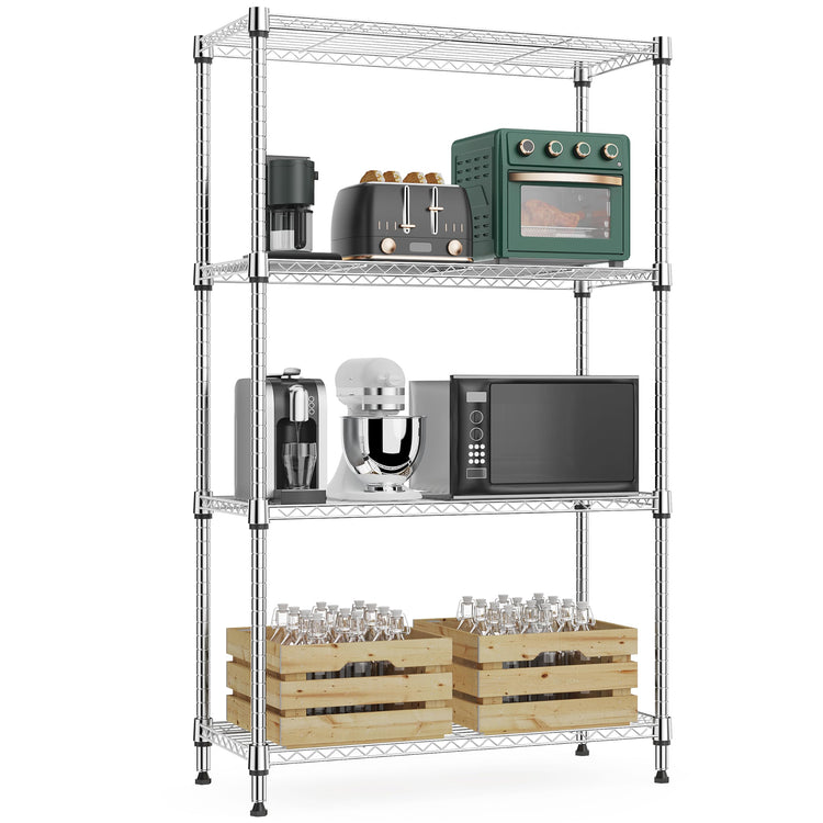 1000 lbs 4Tier Shelf Metal Storage Shelves Wire Rack Closet Organizers with Wheel for Garage Kitchen Bathroom Laundry Chrome 13.7" D x 23.6" W x 53.4" H (4 Count)