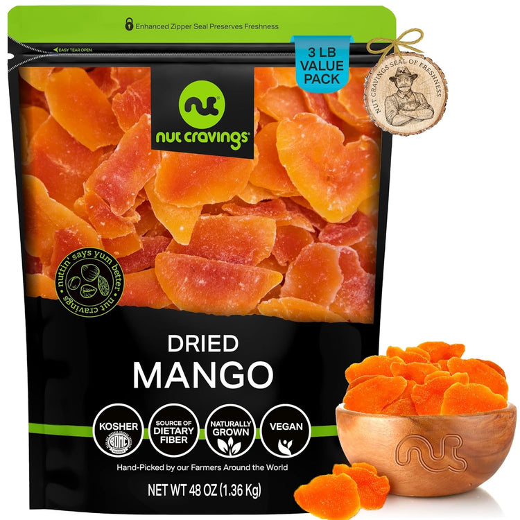 NUT CRAVINGS - Sun Dried Mango Slices, Lightly Sweetened (48oz, 3 LB) Bulk Dry Fruits Packed Fresh in Resealable Bag - Sweet Healthy Snack, Naturally Grown, Vegan, Kosher