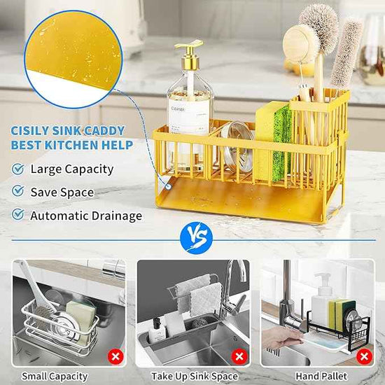 Cisily Yellow Sink Caddy Organzier with High Brush Holder, Sponge Holder for Sink, 304 Rustproof Stainless, Kitchen Countertop Soap Dispenser Organizer,Yellow Kitchen Decor and Accessories