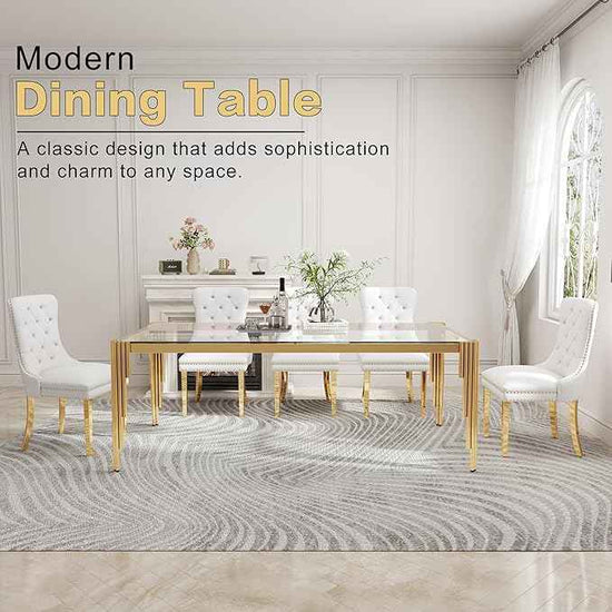 78'' Modern Glass Dining Table for 6-8 People,Tempered Glass Top Dining Room Table with Stainless Steel Base, Glass and Gold Dining Table for 6, Rectangle Dining Kitchen Table for Dinner