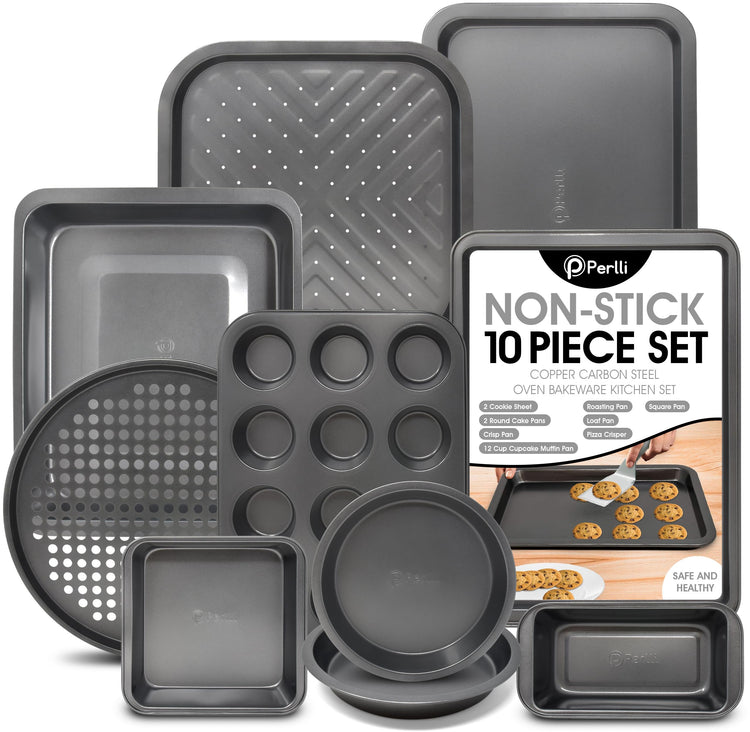 Non-Stick 10-Piece Bakeware Set – Carbon Steel with Even Heat Distribution, Oven Safe to 446°F, BPA-Free, Dishwasher Safe, Stackable Baking Tools for Easy Storage and Everyday Cooking - Gray