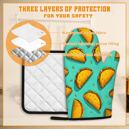 Mexican Taco Oven Mitts and Pot Holders Set (4 Count)