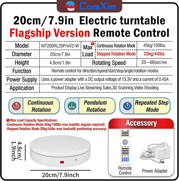 7.9In Remote Motorized Electric Turntable Rotating Display Stand Spinning Rotating Platform 360 Photography Turntable lazy susan base giratoria para for Photography,Display(Load Range:40~100lbs)