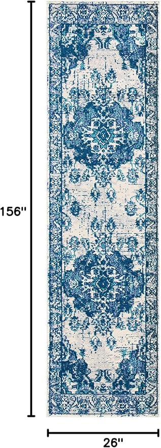 SAFAVIEH Monaco Collection Runner Rug - 2'2" x 13', Ivory & Blue, Non-Shedding & Easy to Clean, Distressed Medallion Design, Ideal for Hallway, Kitchen Foyer, Entryway (MNC243A)