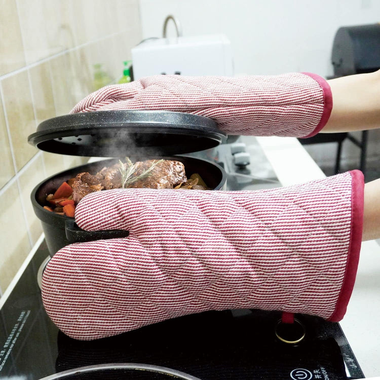 1 Pair Yarn Dyed Oven Mitts 100% Cotton Heat Resistant 470 Degree Gloves Men Women Cooking Baking Barbecue BBQ Microwave Crafting Machine Washable Pot Holders Mittens (red2)