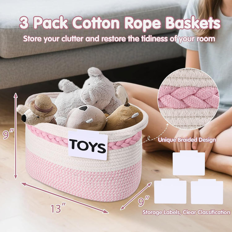 Woven Storage Basket, 3 Pack Pink Rope Basket for Shelves, HandWoven Cotton Rope Basket with Built-in Handles and Labels for Bathroom, Bedroom, Laundry, Pantry, Shelves