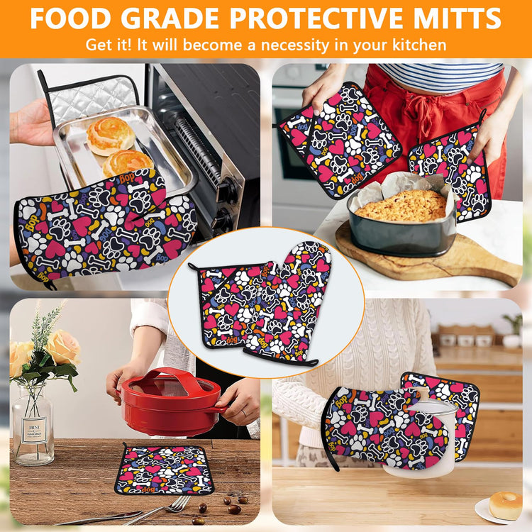 Paw Prints Oven Mitts and Bones Hearts Pot Holders Sets 4Pcs