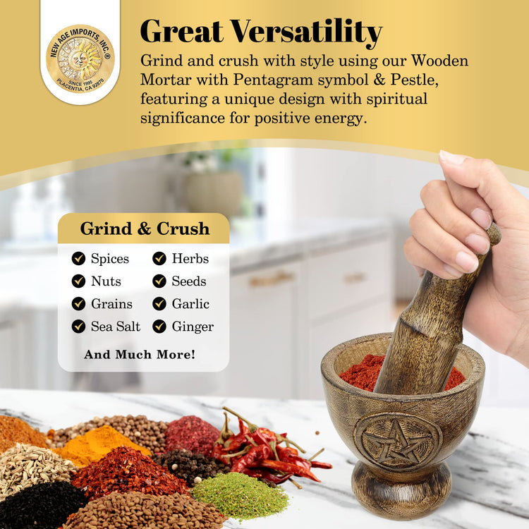Pentagram Design Wooden Mortar & Pestle Set