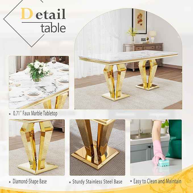 7 Piece Luxury Dining Room Set, Modern Dining Table and Upholstered Chairs Set, Marble Kitchen Table Set for 6, Big Kitchen Dinner Tables Kit with Gold Base