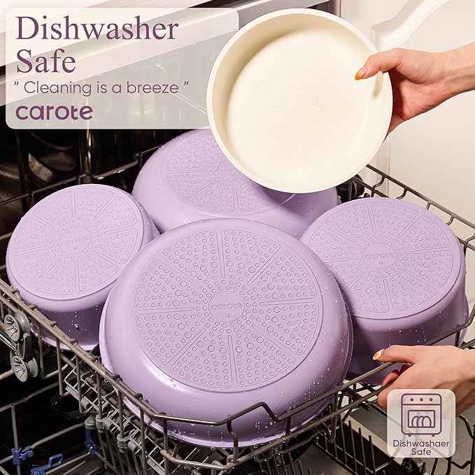 CAROTE Pots and Pans Set Non Stick, Cookware Sets, 19pcs Kitchen Set, Oven/Fridge Safe, Space Saving Pots Set, Nonstick Set with Versatile Removable/Detachable Handle, Induction RV Set, Purple