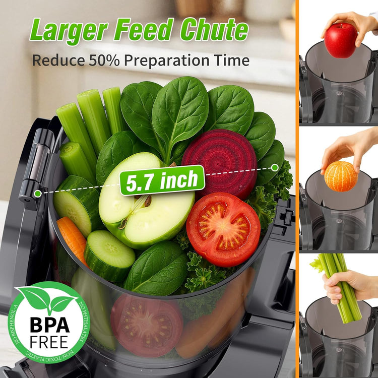 Cold Press Juicer, 5.7" Extra Large Feed Chute, Juice Extractor Machine with Dual Auger, Slow Masticating Juicer for Whole Vegetables and Fruits, High Juice Yield, Easy to Clean, BPA Free
