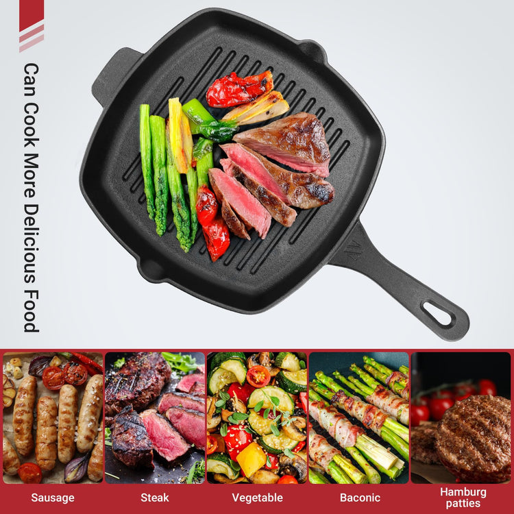 10.5 Inch Cast Iron Square Grill Pan with Tempered Glass Lid