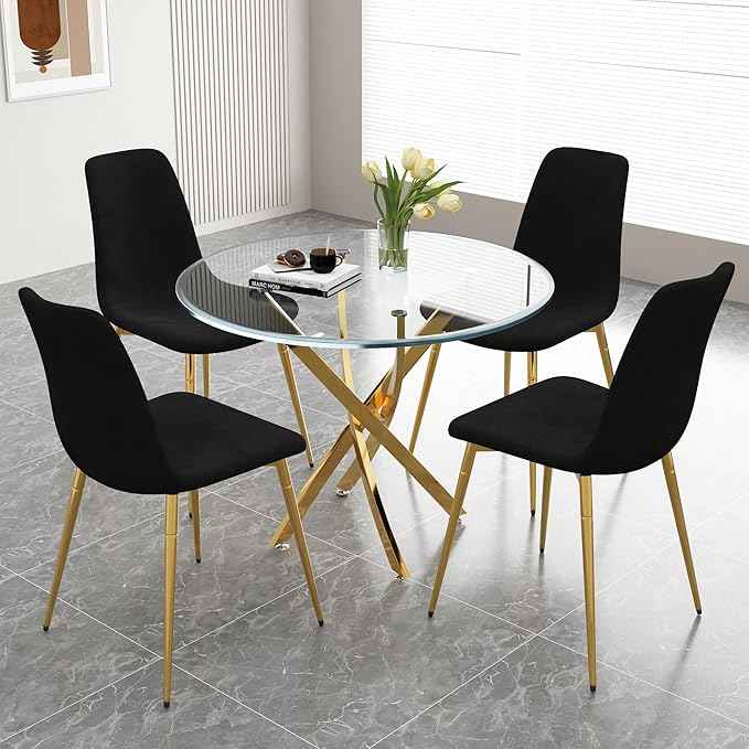 AF ARTISAN FURNITURE 36" Round Glass Dining Table Set for 4, 5-Piece Modern Kitchen Table with 4 Black Velvet Chairs, Modern Circle Leisure Table for Home Office Dining Room Small Spaces (Gold Leg)