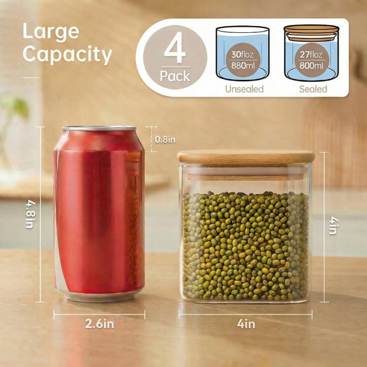 27oz Square Glass Food Storage Containers with Airtight Bamboo Lids (4 Count)