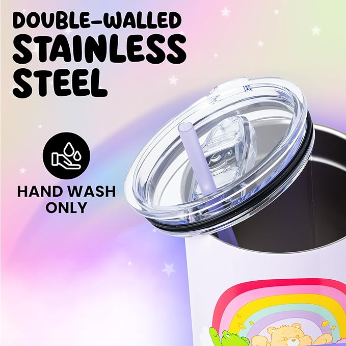 Silver Buffalo Care Bears Rainbow Featuring Funshine, Cheer, Grumpy, Friend, and Good Luck Bear Double Walled Stainless Steel Tumbler with Handle and Straw, Fits in Standard Cup Holder, 40 Ounces