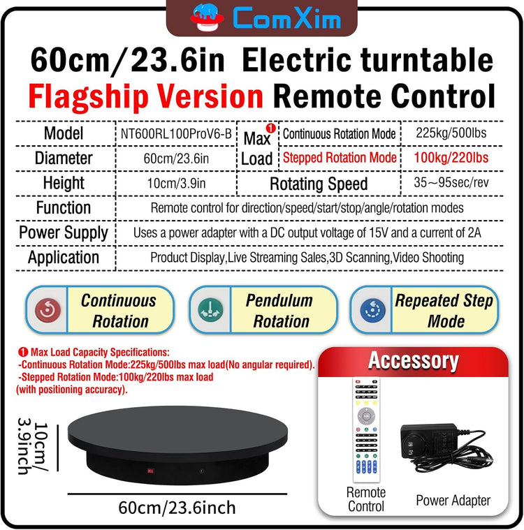 23.6In Remote Large Motorized electric turntable Rotating platform Photography Turntable Motorized lazy susan Base giratoria para for Photography,3D Scanner,Heavy duty display(Load Range:220~500lbs)