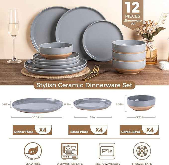 AmorArc Ceramic Dinnerware Sets for 4, 12 Pieces Handpainted Plates and Bowls Set with Rustic Terracotta Underside, Scratch Resistant Stoneware Dishes Set, Dishwasher & Microwave Safe, Gray